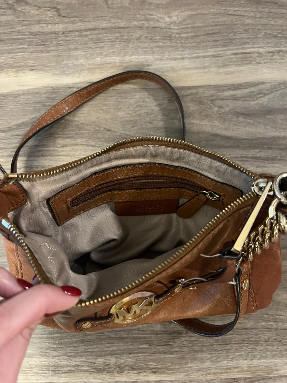 Michael Kors Tan Leather Crossbody Bag with Gold-Tone MK Medallion
